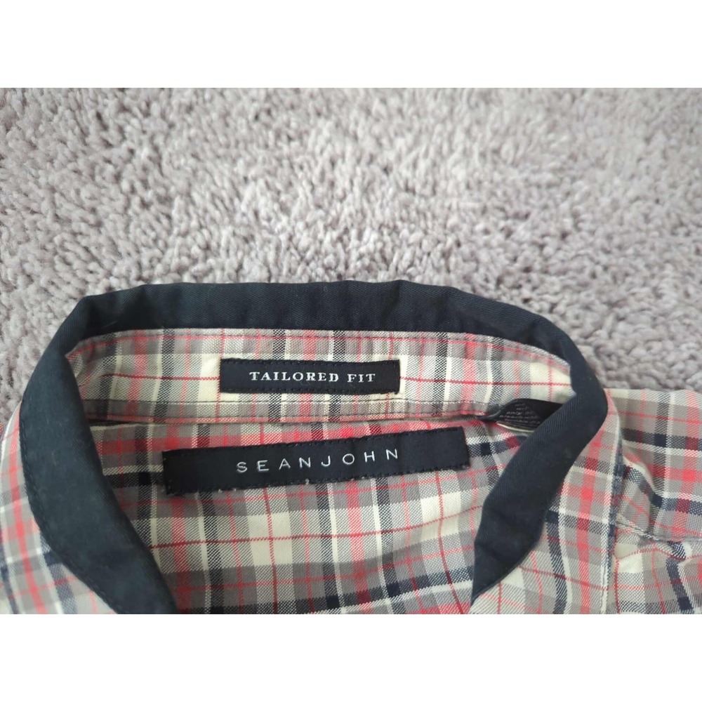 Sean John Shirt Mens XL Red Plaid Long Sleeve Button Front Tailored Fit - Picture 2 of 8
